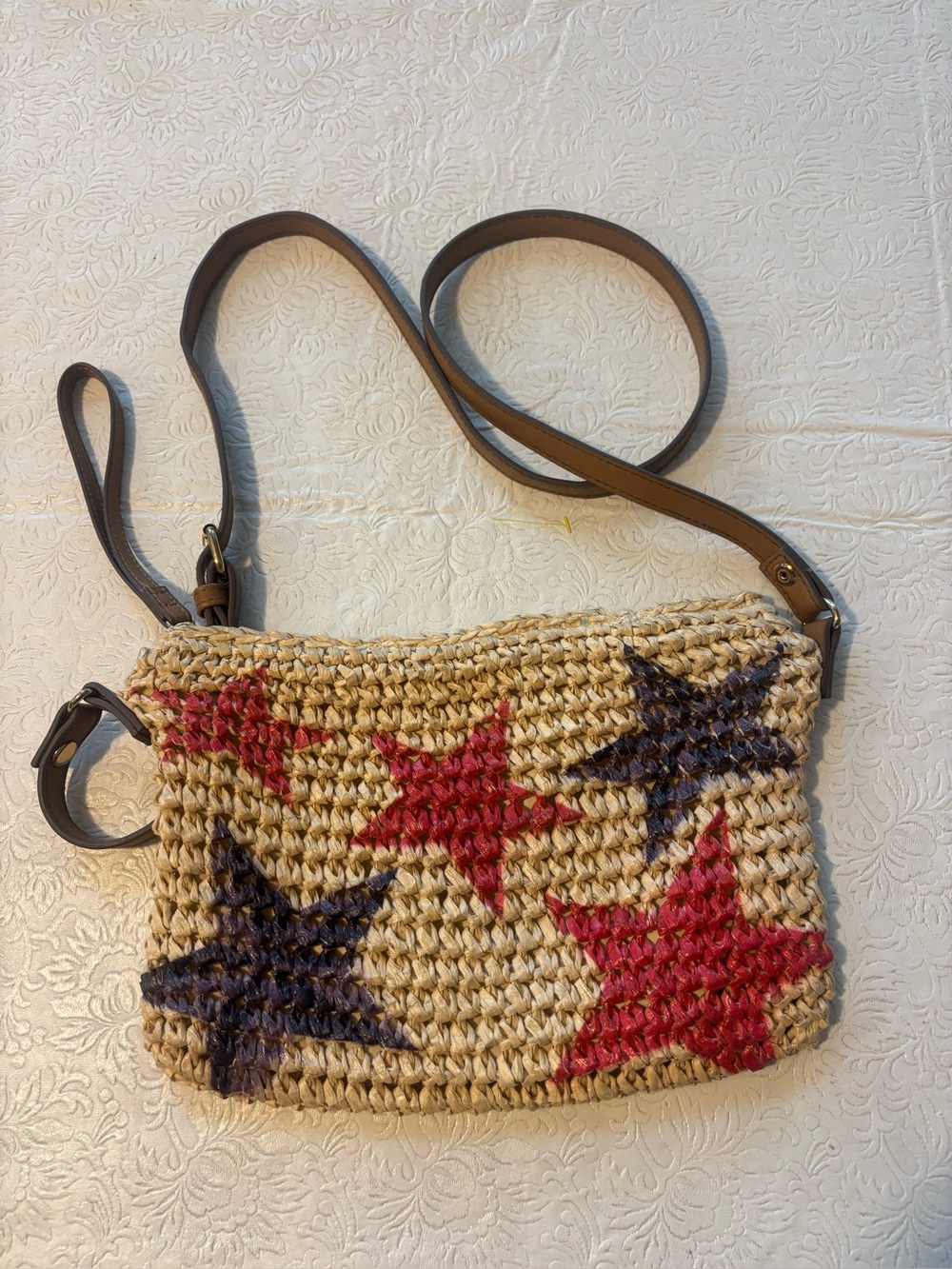 Inc. International Concepts Woven Straw Crossbody Bag with Red and Navy Stars